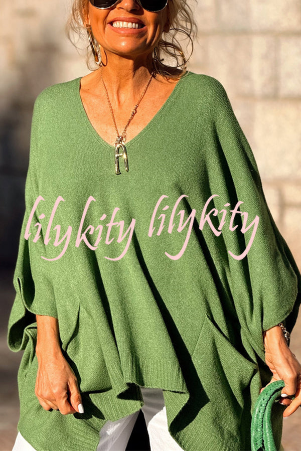 Fashion V-neck Loose Pocket Mid-length Knitted Sweater