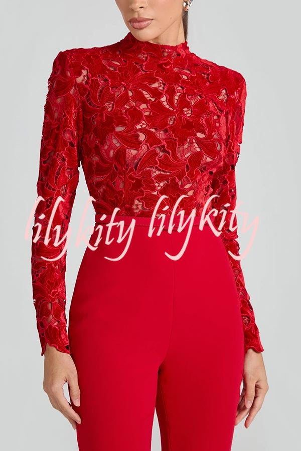 Eleanor Embroidered Floral Lace Long Sleeve Patchwork Belt Flare Jumpsuit