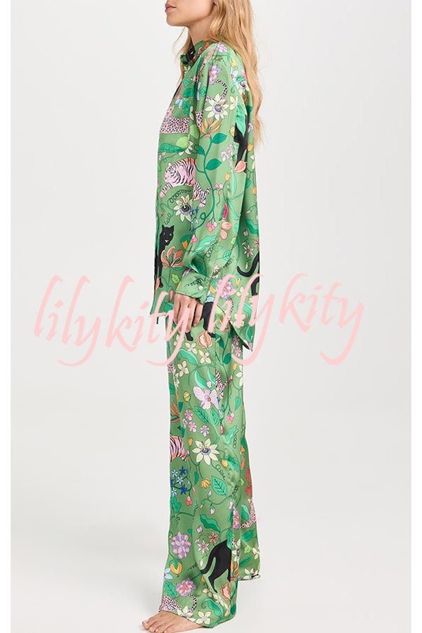 Quiet Jungle Satin Unique Print Long Sleeve Shirt and Elastic Waist Pocket Lounge Pants Set