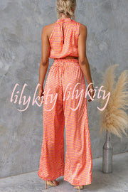 Girls Night Satin Printed High Neck Top and Elastic Tie-up Waist Pocket Wide Leg Pants Set