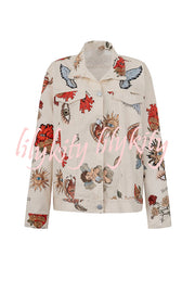 Angel Wings Denim Unique Print Button Up Long Sleeve Pocketed Relaxed Jacket