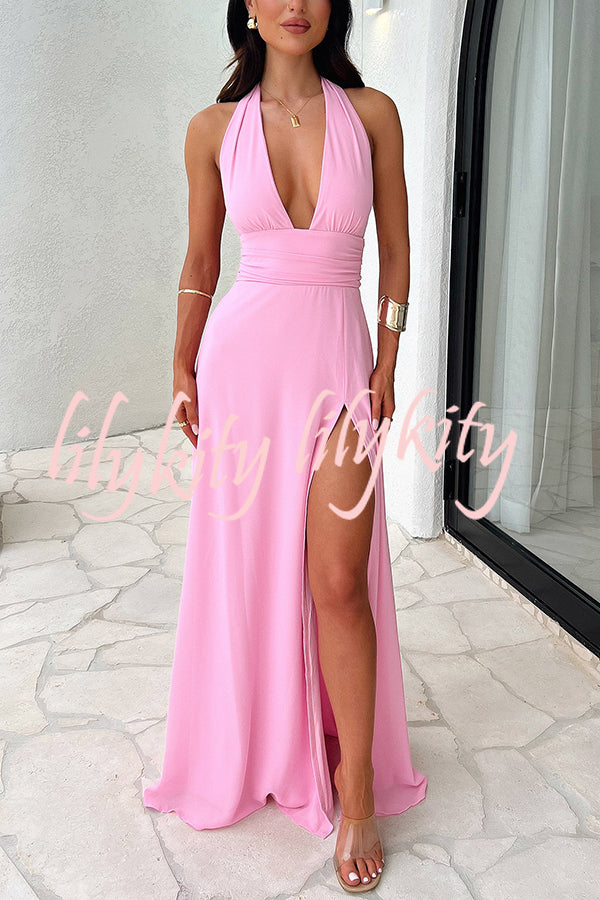 Sexy V-neck Backless Waist Tie High Slit Maxi Dress