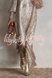 Minimalist Sparkling Sequin V-neck Long Balloon Sleeve Slit Party Maxi Dress