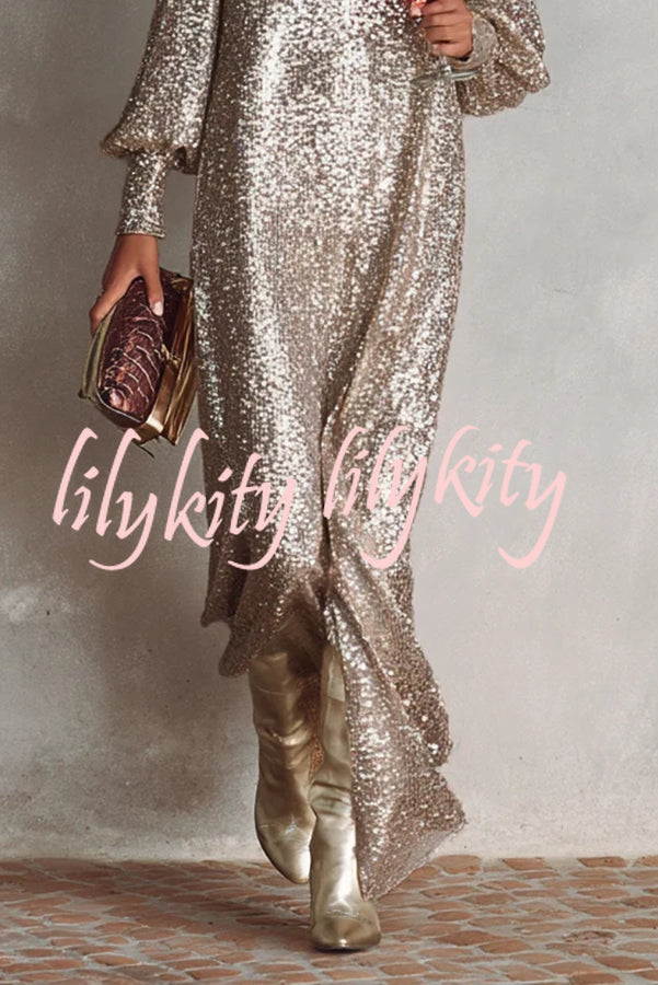 Minimalist Sparkling Sequin V-neck Long Balloon Sleeve Slit Party Maxi Dress