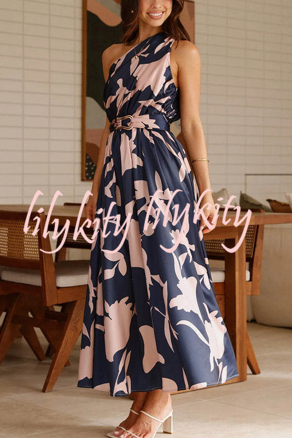 Unique Print Sleeveless One Shoulder Belted Maxi Dress