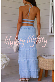 Feel Chic and Romantic Sequin Textured Material Back Elastic Halter Tie Tank and Drawstring Waist Tiered Maxi Skirt Set