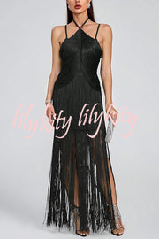 Sexy Halterneck Open Back Elegant Tassel Slim Maxi Dress