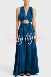 Midnight Charm Satin Ruched Cutout Tie-up Maxi Dress