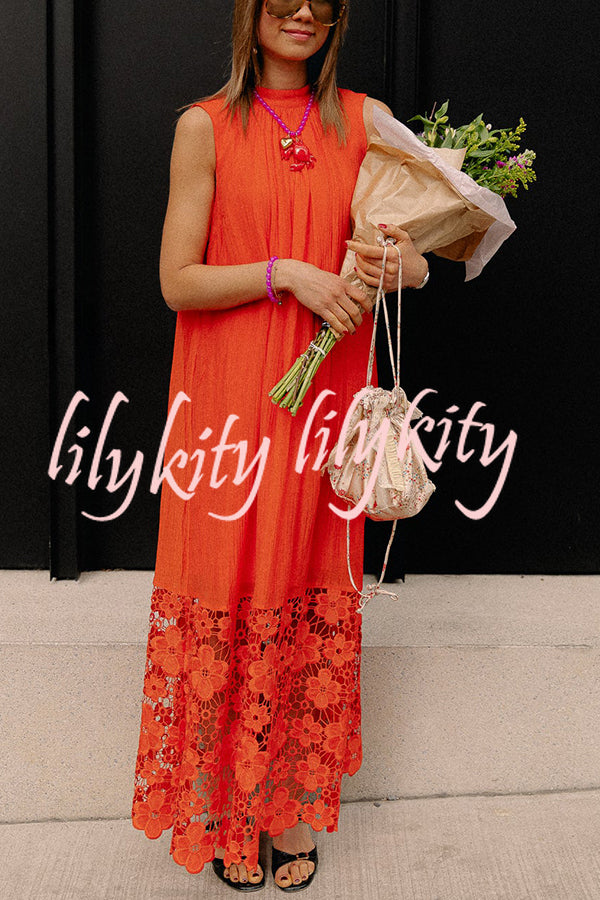Breezy Comfort Tie-up Neck Sleeveless Floral Lace Hem Maxi Dress
