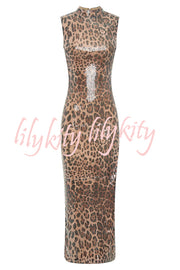 Sparkle Every Step Leopard Sequin Pattern High Neck Slit Stretch Maxi Dress