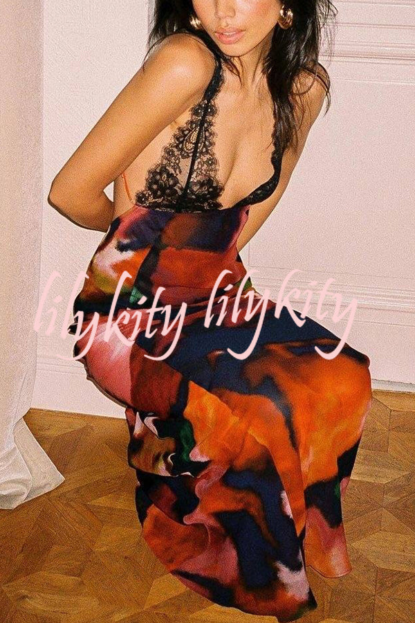 Unique Printed Sexy Lace V-neck Backless Maxi Dress