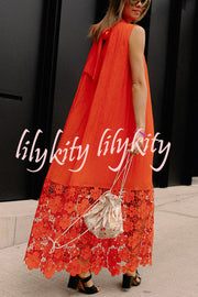 Breezy Comfort Tie-up Neck Sleeveless Floral Lace Hem Maxi Dress