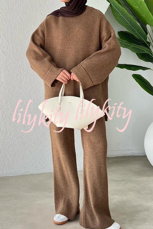 Solid Color Loose Long-sleeved Knit Top and Elastic Waist Casual Straight Leg Pants Set