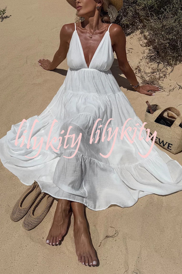 Bohemian Style V-neck Backless Slip Layered Vacation Maxi Dress