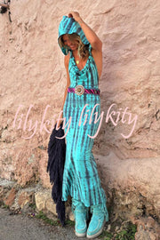 Pietra Tie Dye Print Scoop Neck Backless Hooded Stretch Maxi Dress