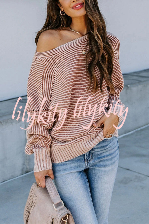 Knitted Striped Round Neck Dolman Sleeve Casual Loose Sweater