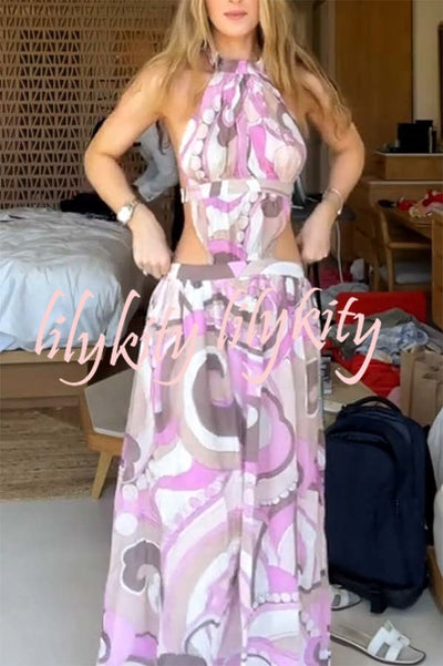 Tauni Unique Print Hollow Waist Backless Elastic Strap Halter Maxi Dress