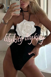 Halter Neck Three Dimensional Flower One Piece Swimsuit