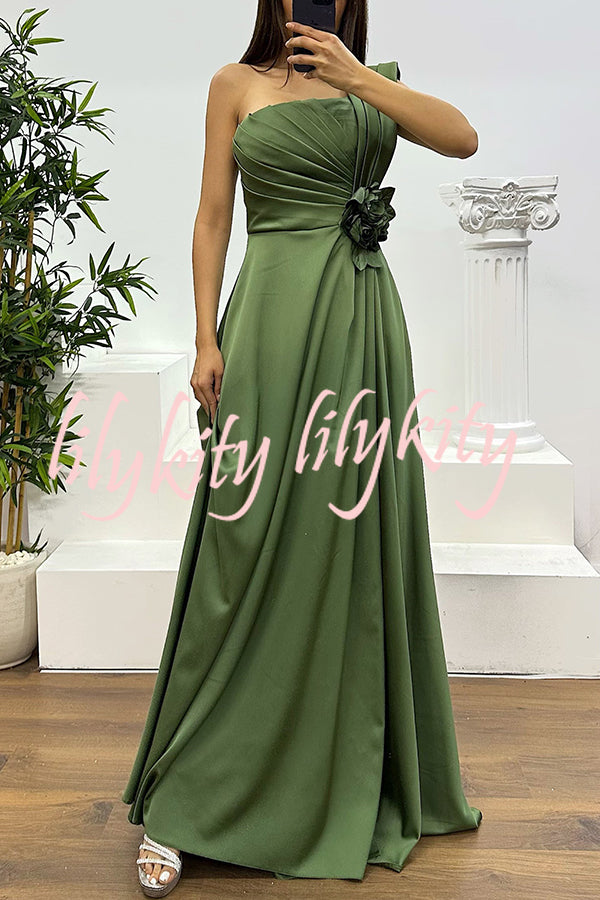 Nasha Satin Pleated One Shoulder Petal Gemstone Detail Pocket Slit Maxi Dress