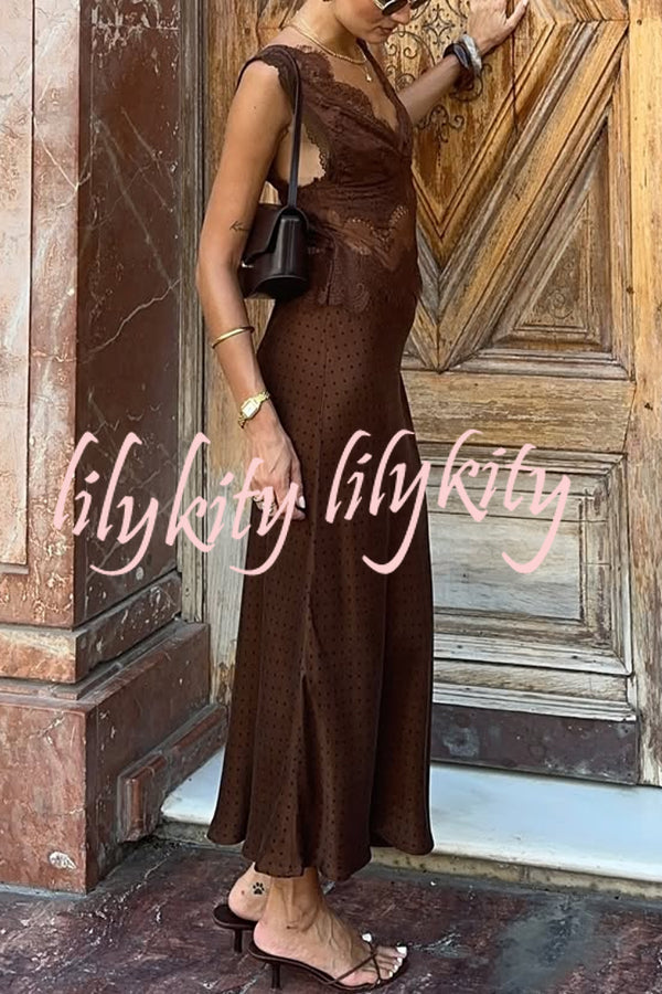 Wonderful Fusion Satin Lace Trim Poka Dot V-neck Drape Maxi Dress