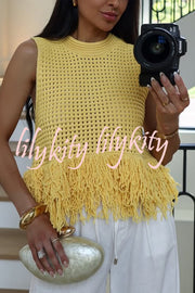 Solid Color Round Neck Sleeveless Hollow Tassel Loose Vest