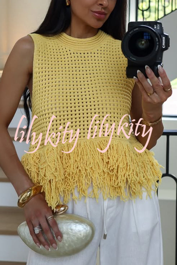 Solid Color Round Neck Sleeveless Hollow Tassel Loose Vest