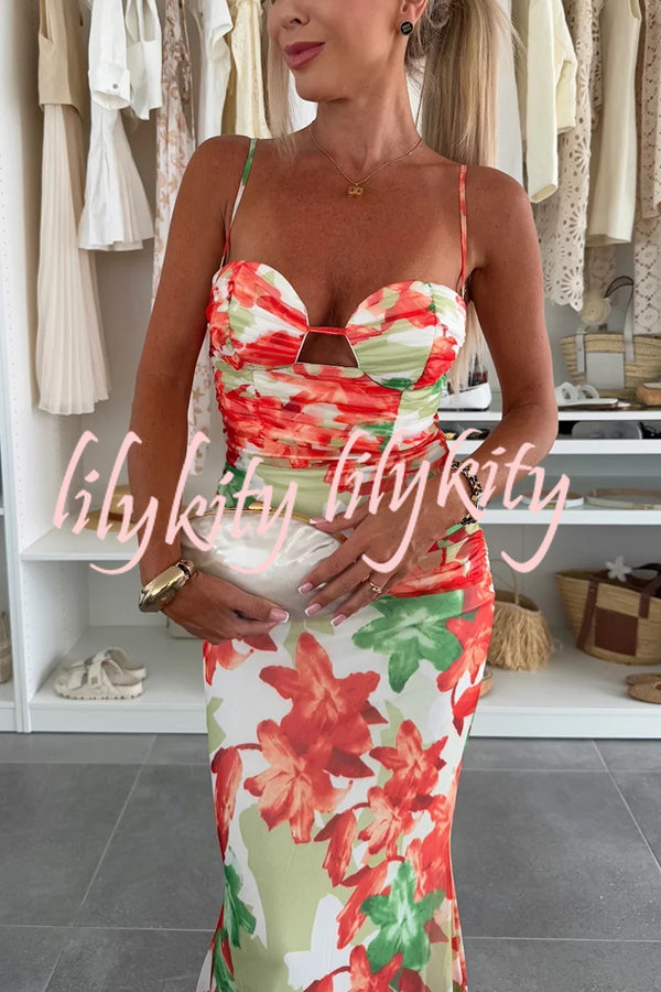 Irresistibly Chic Mesh Botanical Print Cut Out Bust Ruched Stretch Maxi Dress