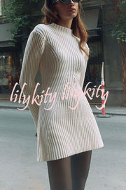 Beautiful Basic Ribbed Knit Long Slit Sleeve Flare Stretch Dress