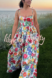 Garden Wedding Floral Print Back Tie-up Pocketed Slit Maxi Dress