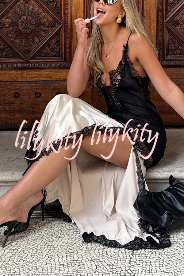 Soft and Romantic Satin Lace Trim Colorblock V-neck Side Slit Maxi Dress