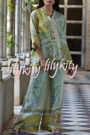 Elonie Satin Floral Print V-neck Half Sleeve Top and Elastic Waist Wide Leg Pants Set