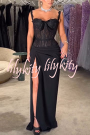 Sexy Grace Magic Lace Corset Bow Design Ruched Hip Slit Maxi Dress