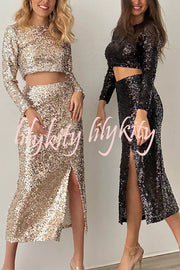 Solid Sequined Long-sleeved Crop Top and Sexy Slit Midi Skirt Set