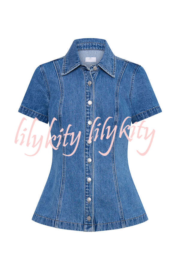 Modern Flavor Denim Short Sleeve Button Up Princess Seams Stretch Top