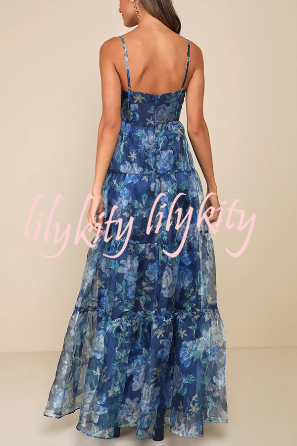 Exclusive Glamour Organza Floral Print Tiered Slip Maxi Dress