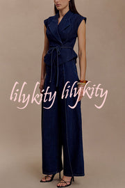 Charley Denim Button Up Cap Short Sleeve Structured Tie-up Lapel Top