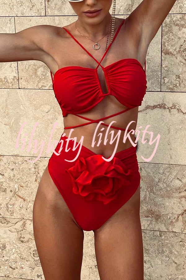 Solid Color Halterneck Lace Up Three Dimensional Flower Bikini