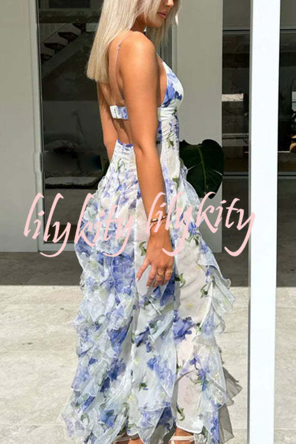 Sunrise Goddess Chiffon Roses Print Ruffles Tiered Trim Maxi Dress