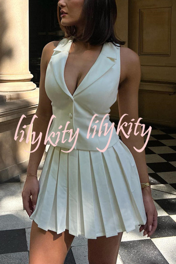 Sexy V-neck Sleeveless Vest and Pleated Mini Skirt Set