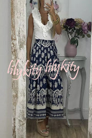 Unique Print Elastic Waist Loose Pocket Holiday Wide Leg Pants