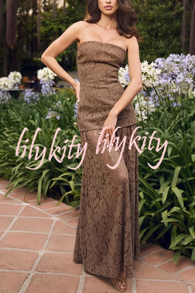 Sepia Kiss Floral Lace Off Shoulder Flowing Hem Maxi Dress