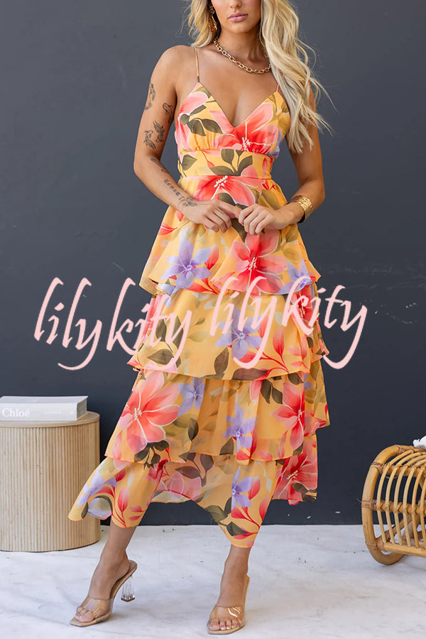 Dreamy Destiny Floral Print Elastic Back Tiered Maxi Dress