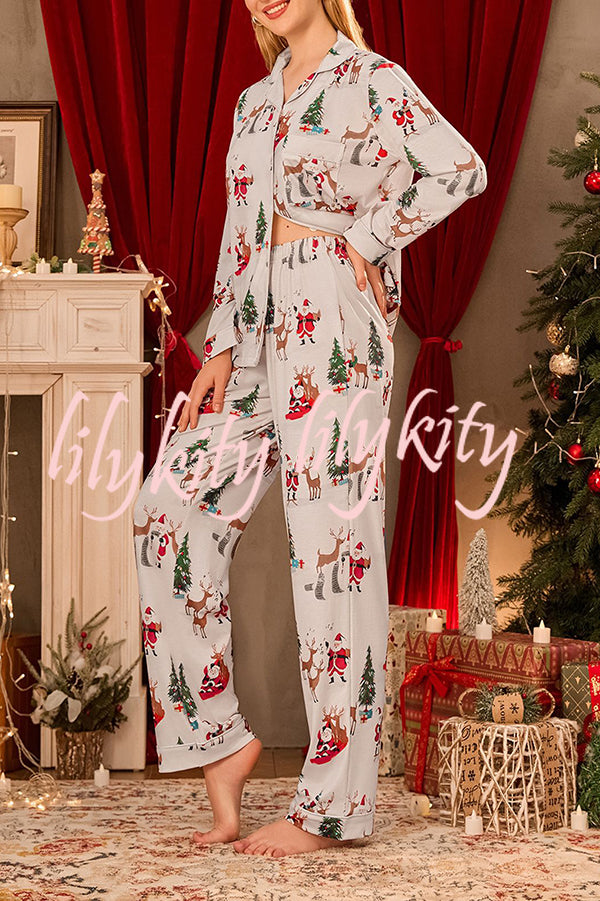 Christmas Holiday Print Long Sleeve Pocket Top and Elastic Waist Loose Pants Set