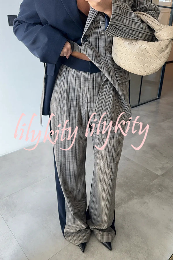 Nayla Plaid Contrast Color Belted Long Sleeve Lapel Blazer and Pocketed Wide Leg Pants Set