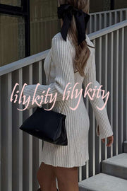 Beautiful Basic Ribbed Knit Long Slit Sleeve Flare Stretch Dress