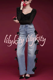 Runway Muse Denim High Rise Bow Trim Pocketed Wide Leg Jeans