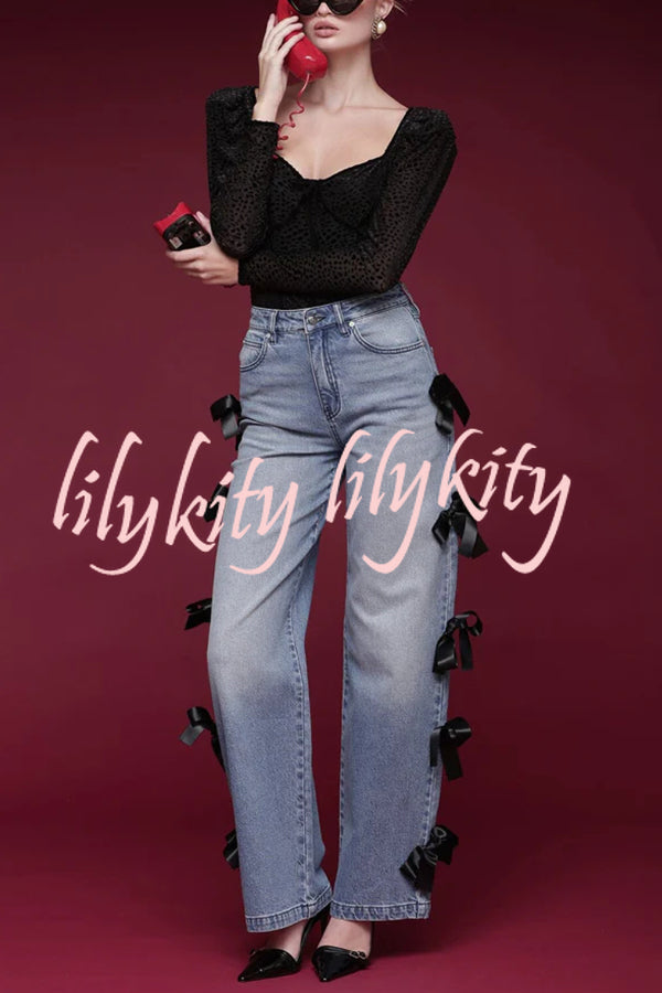 Runway Muse Denim High Rise Bow Trim Pocketed Wide Leg Jeans