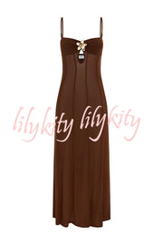 Espresso Sexy Mesh Floral Hardware Slip Stretch Maxi Dress