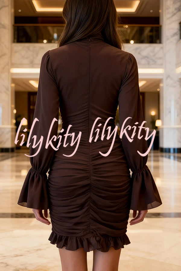 Sexy See-through Tulle High-neck Waist Pleated Ruffle Mini Dress
