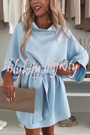 Solid Color Loose Round Neck Belted Mini Dress